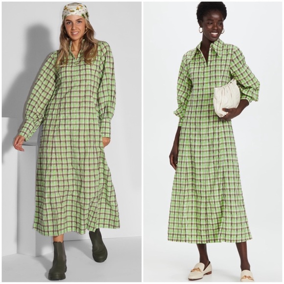 GANNI 38 USA 6 Seersucker Check Long Sleeves Maxi Dress - Picture 1 of 8